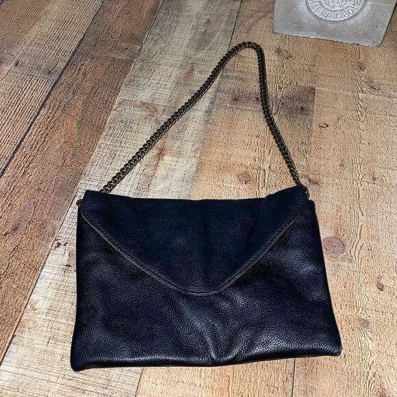 J. Crew Leather Envelope Shoulder Bag w/Chain Strap - Black/Bronze - Picture 3 of 12